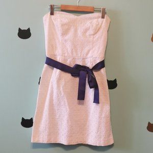 DKNYC Strapless Dress White Eyelet Cotton Blue Ribbon Beach Wedding 6